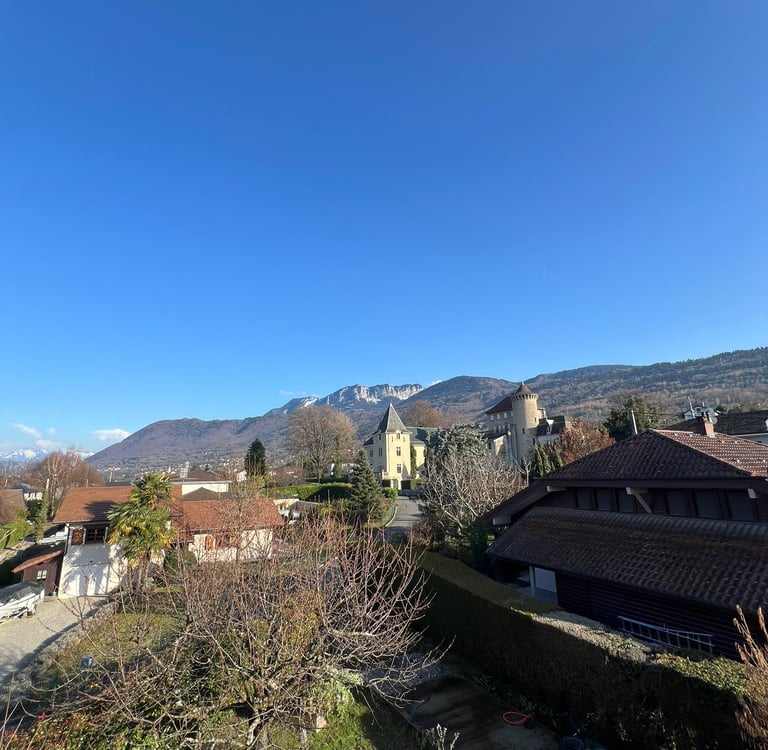 vue du quartier et des montagnes en Haute-Savoie lors d’un chantier d’installation solaire