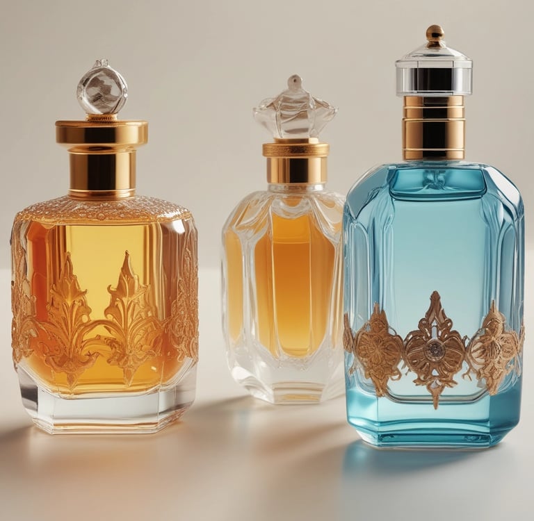 a bottle of perfume sitting on top of a red ribbon