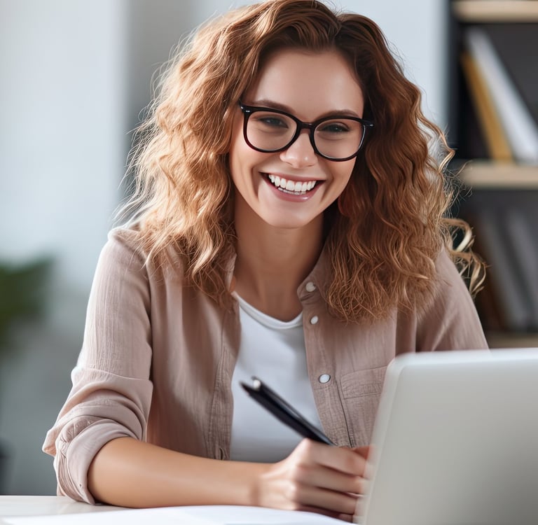 Happy lady wearing glasses at a computer pen in hand