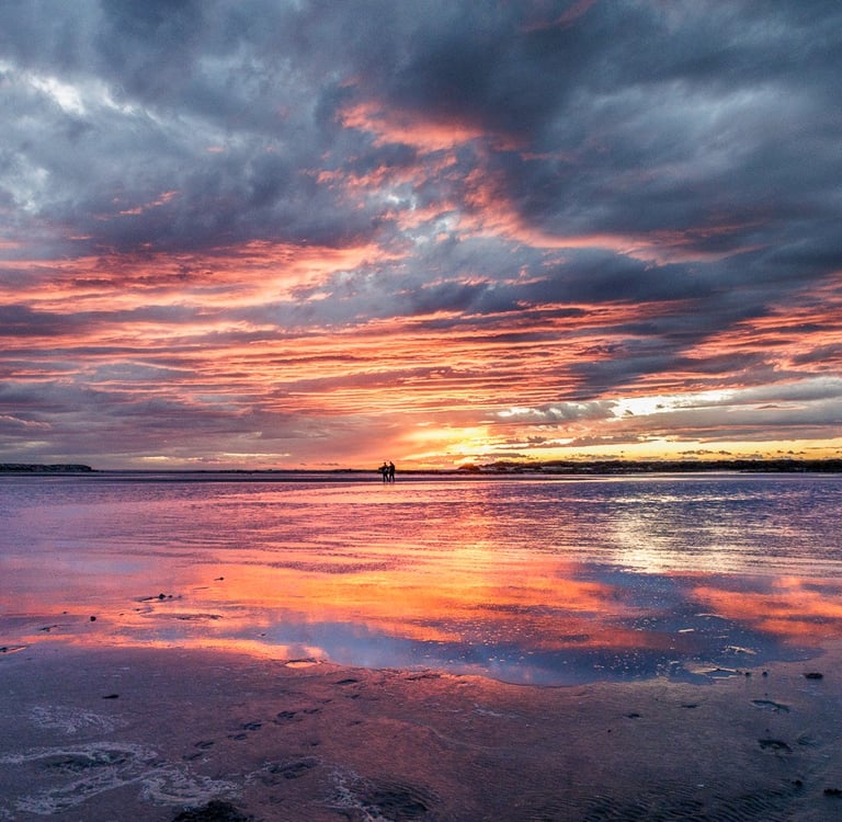 Vibrant pink and purple sunset over a beach with dramatic clouds reflecting on the wet sand.