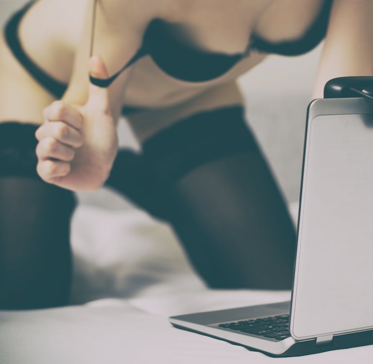 Woman in lingerie sitting behind a laptop with a webcam