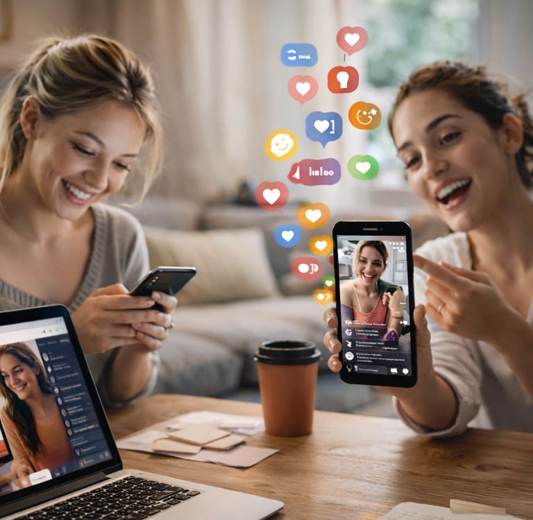 Two female creators using smartphones and a laptop to interact with their followers
