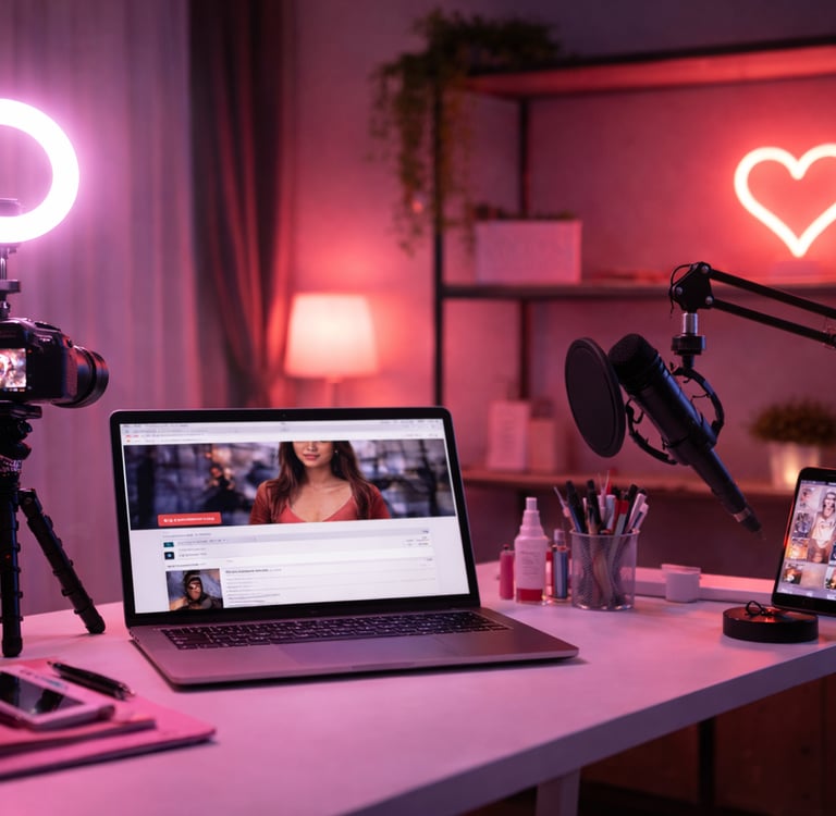 Content creator workspace with camera, ring light, microphone and laptop in a modern home studio