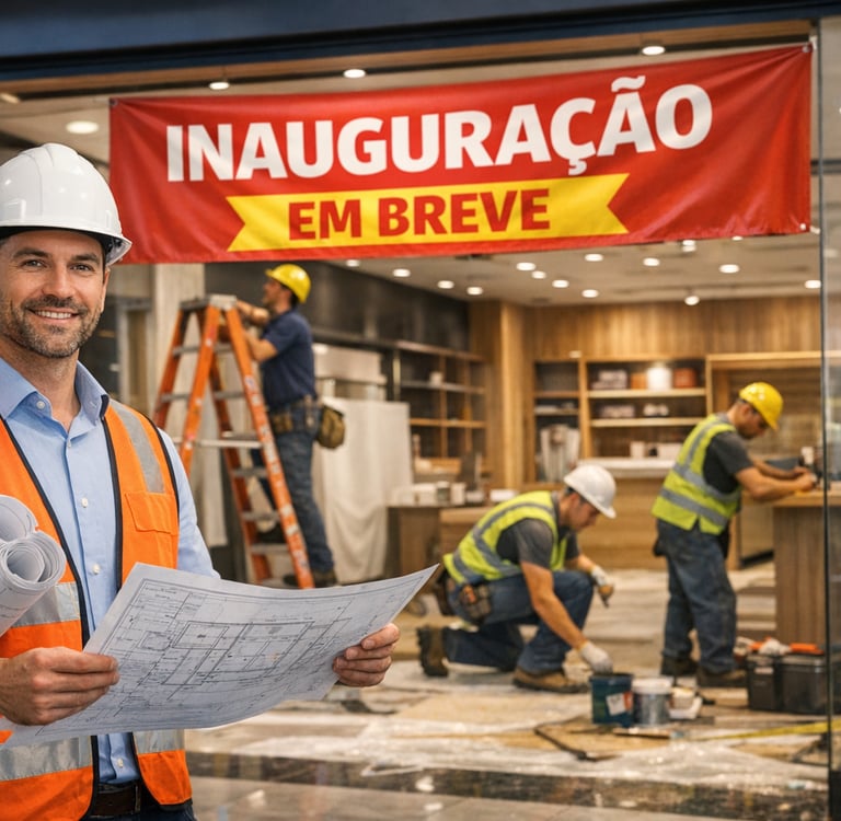 Engenheiro acompanhando obra comercial em shopping com equipe finalizando loja para inauguração em M
