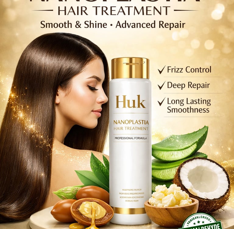 Huk Nanoplastia hair treatment bottle with argan oil, aloe vera, and coconut for smooth, shiny hair repair.