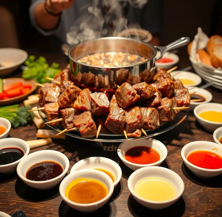 beef Fondue with fondue pot and sauces