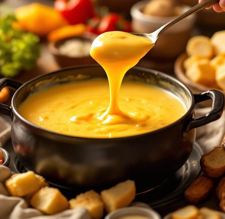 beer and cheese Fondue with pretzels and pieces of bread