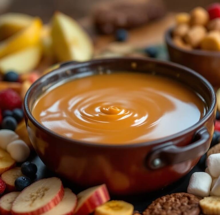 caramel fudge with marshmallows, bananas and other dippers 
