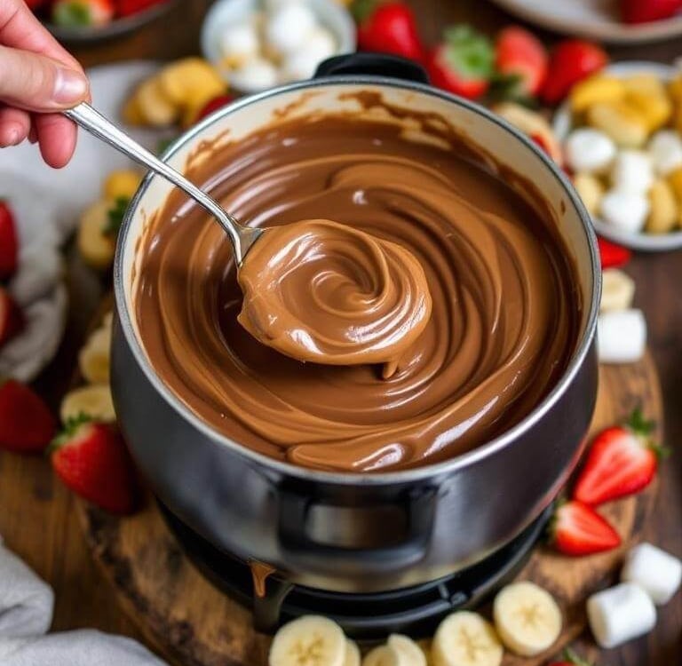 peanut butter chocolate fondue in a pot with berries and bananas 