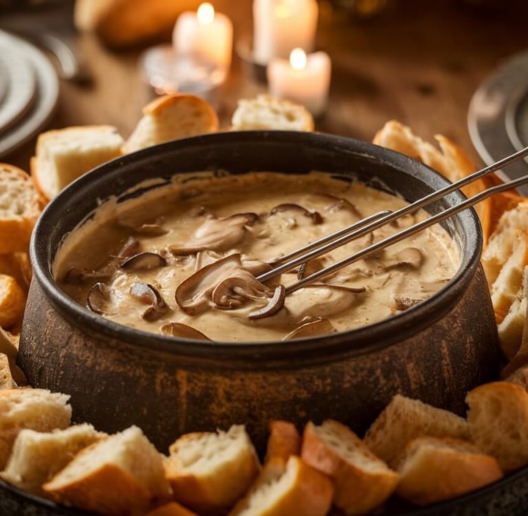 mushroom fondue with pieces of bread
