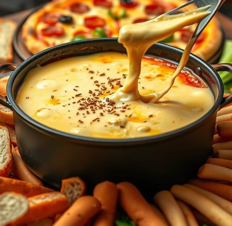 pizza fondue with bread sticks and a pizza