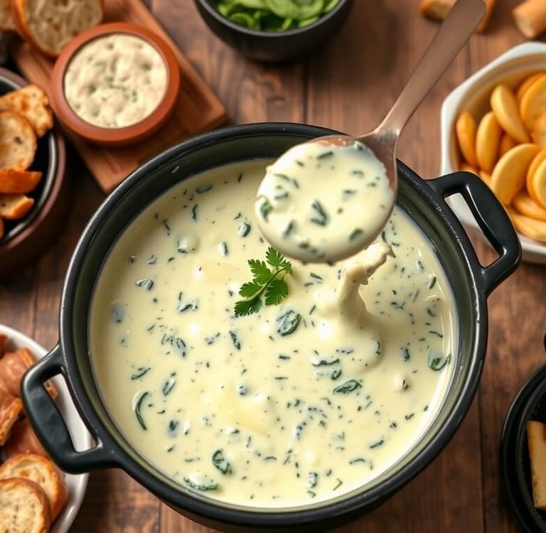 spinach parmesan fondue with crackers and meat dippers