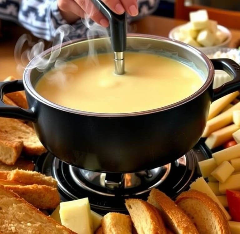 swiss Fondue with bread and Swiss cheese 