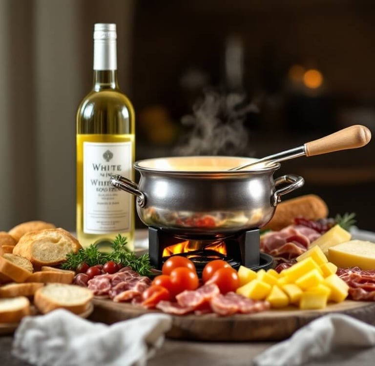 a pot of white wine fondue and a bottle of wine and assorted meats
