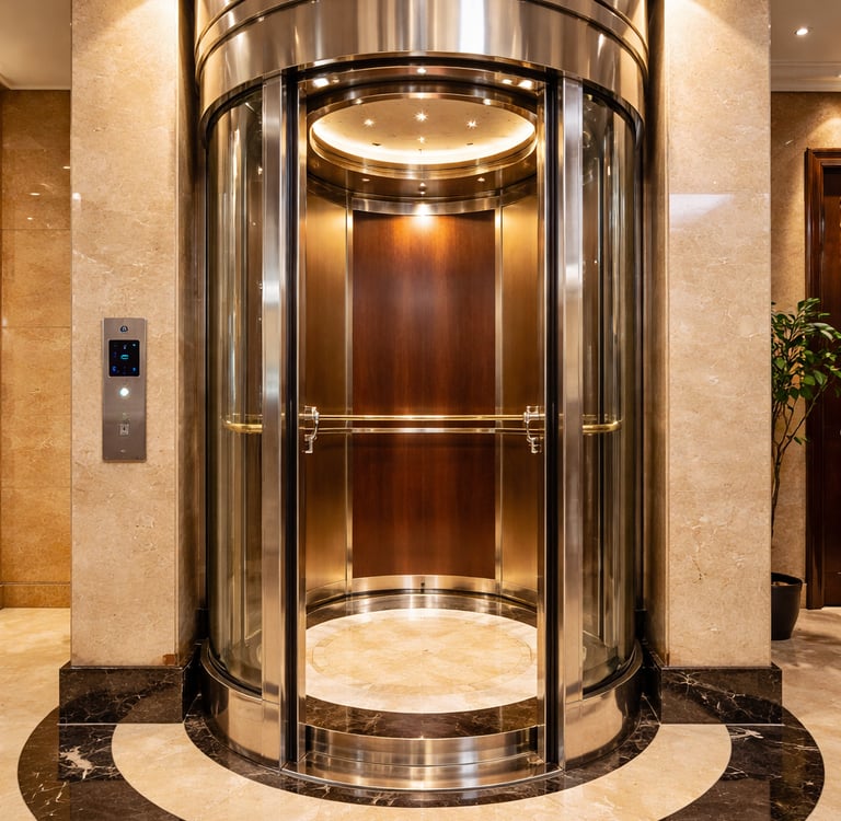 Circular capsule glass elevator with luxury interior installed in a premium hotel