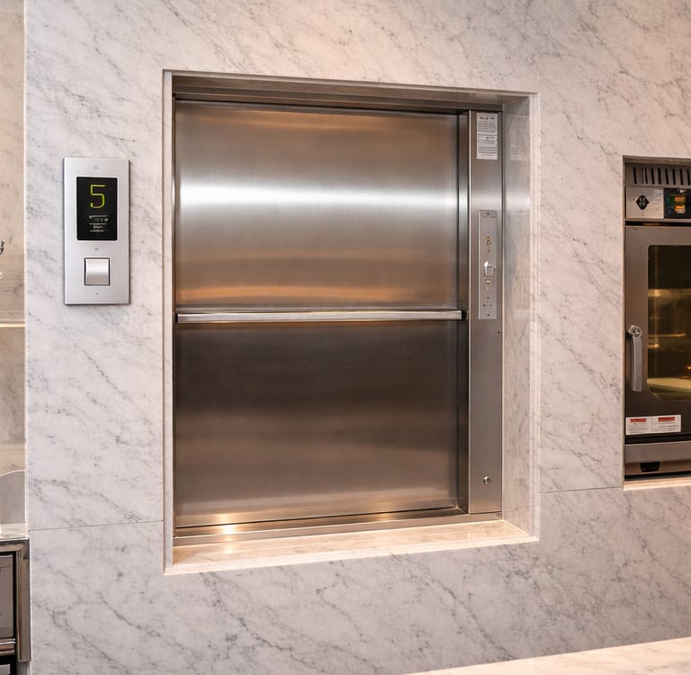 Stainless steel dumbwaiter lift installed in a commercial building by Stellify Elevators in India