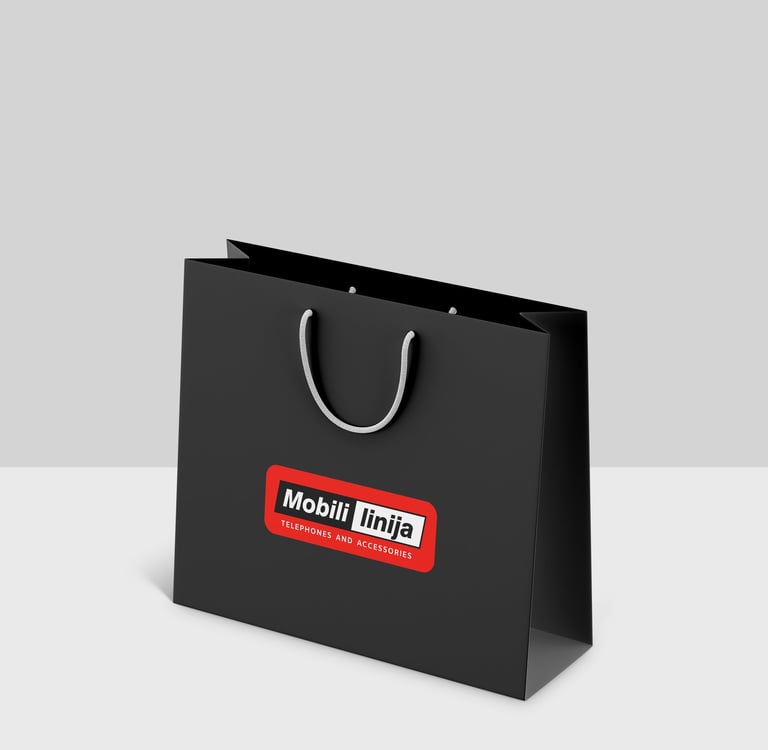 Black custom shopping bag with Mobili Linija logo for phone accessories.
