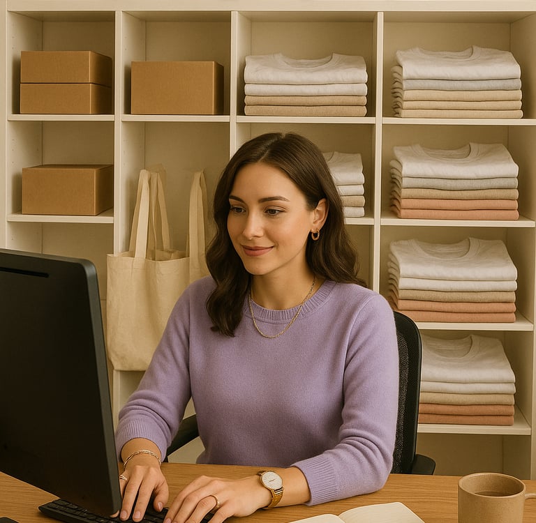 mujer respondiendo correos sobre pedidos de camisetas y tote bags