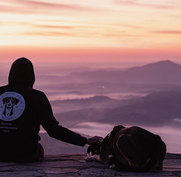Éducateur canin et son chien au coucher de soleil au pays basque - Comme un Wouf