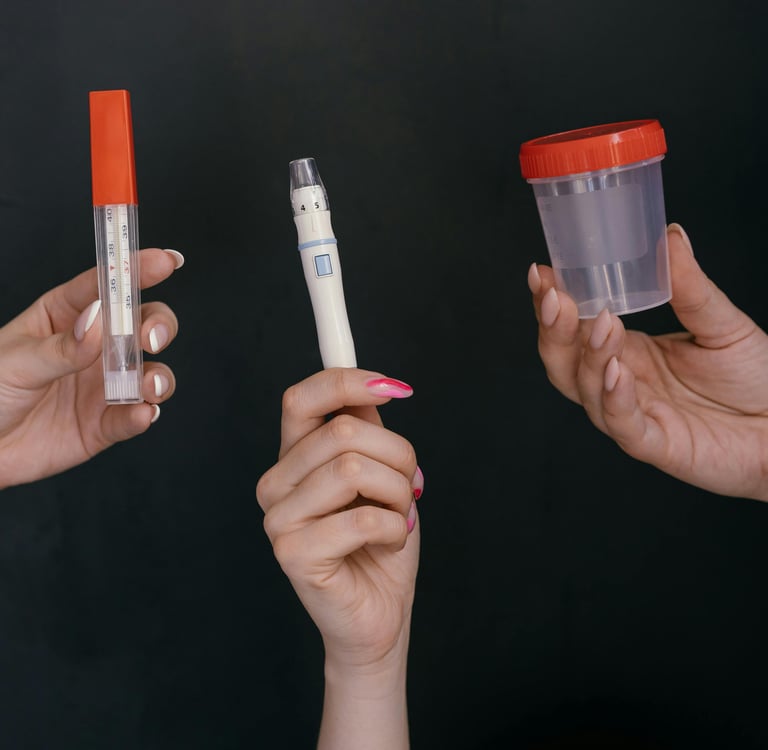 termômetro, densímetro e coletor de urina