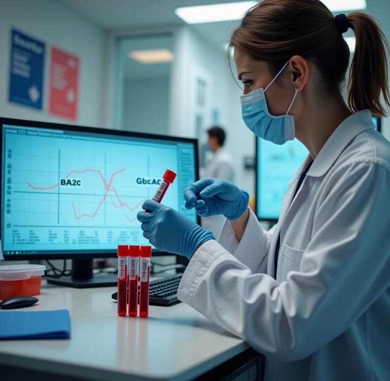 Biomédica enfrente ao monitor com tubos de ensaio 