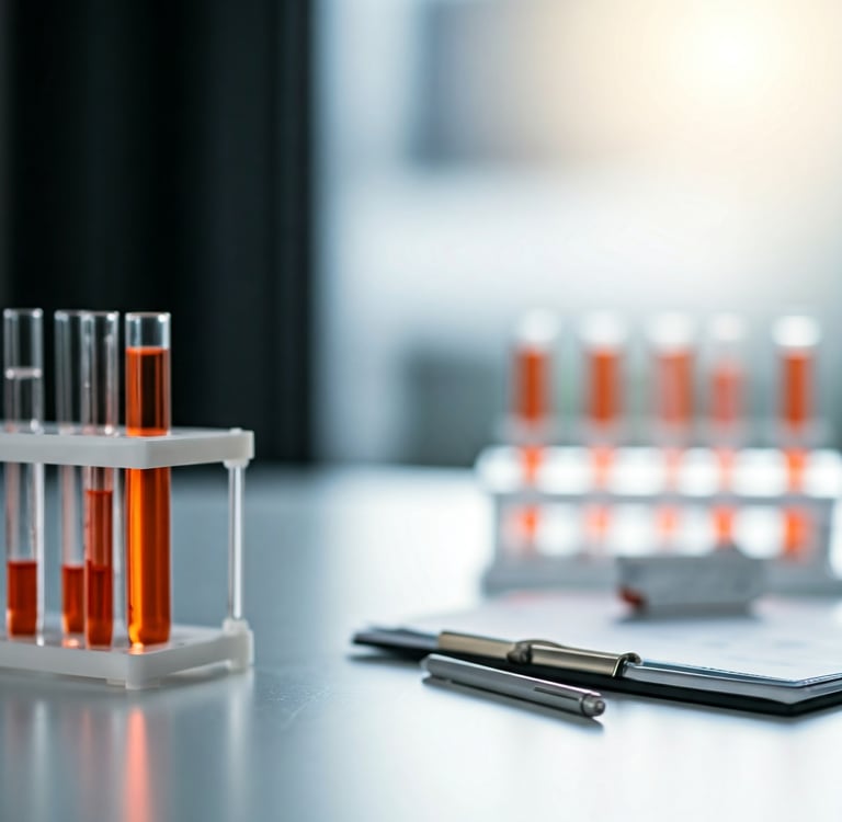 Tubos de ensaio uma caneta e uma agenda para anotar exames laboratoriais