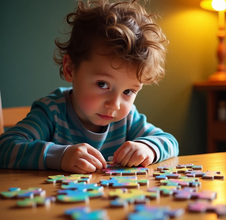 imagem feita por AI de um menino autista brincando com quebra-cabeças coloridos