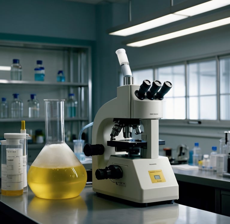 Urina de 24 hs e microscópio encima da bancada de um laboratório