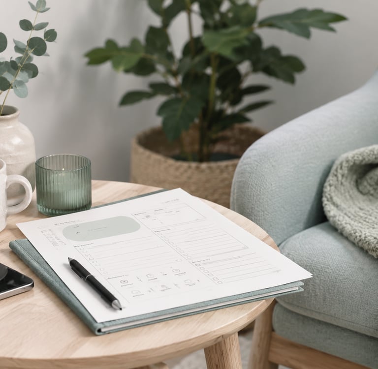 Daily planner on a side table with a cup of tea, tablet, and eucalyptus in a cozy living room.