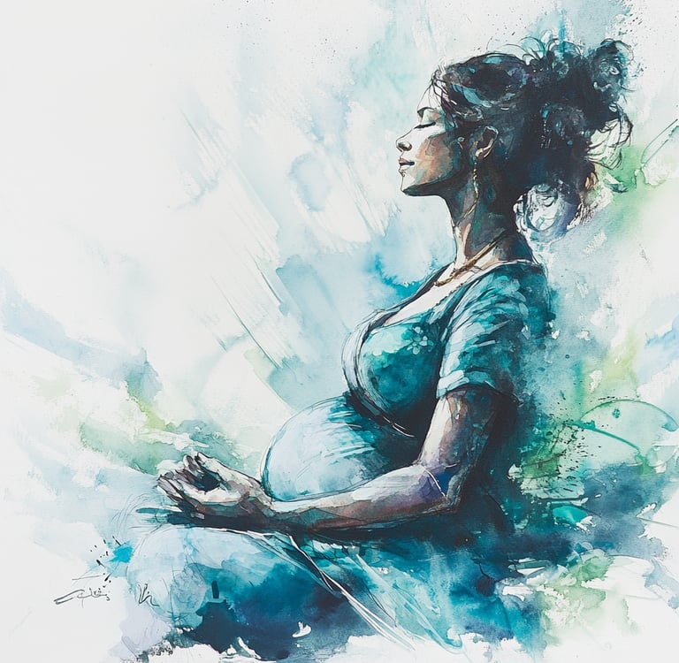 Watercolour illustration of a pregnant woman meditating peacefully, symbolising calm and mindful bir