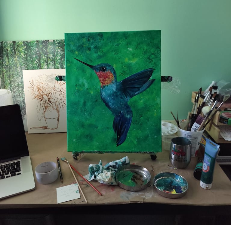 a painting of a hummingbird in flight