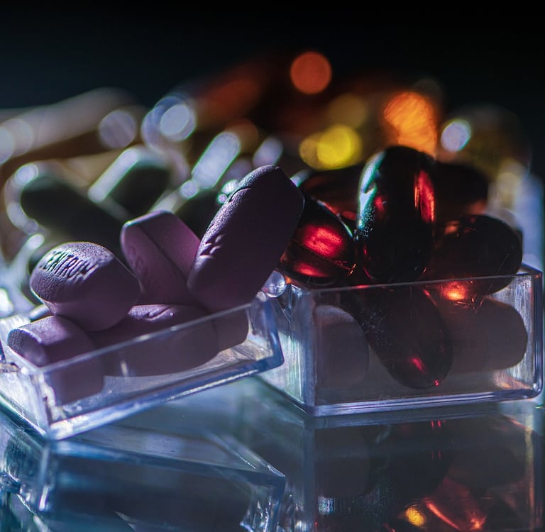 a glass container with a bunch of essential vitamin 