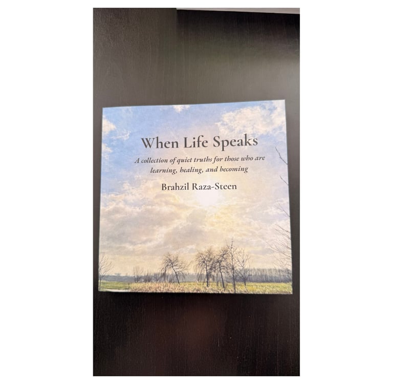 The book cover of When Life Speaks by Brahzil Raza-Steen features a peaceful sky and landscape.
