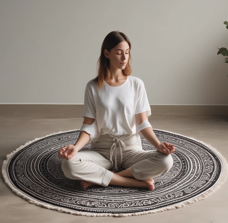 a woman sitting on a rug with a white shirt and a white shirt meditated