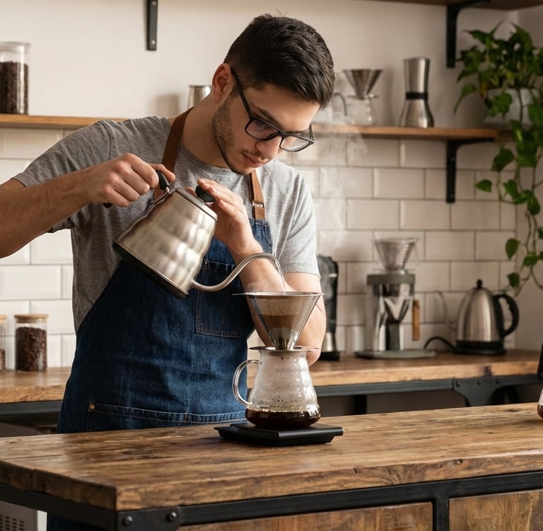 barista fazendo usando filtro de café inox. está em uma cozinha aconchegante em curitiba