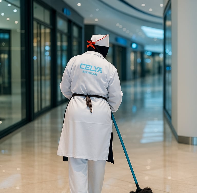 Femme de ménage en action dans un espace commercial moderne à Casablanca