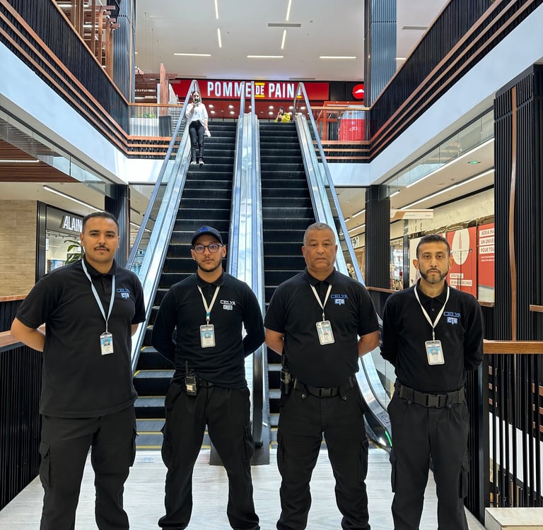 Agents de sécurité en uniforme debout dans un centre commercial à Casablanca