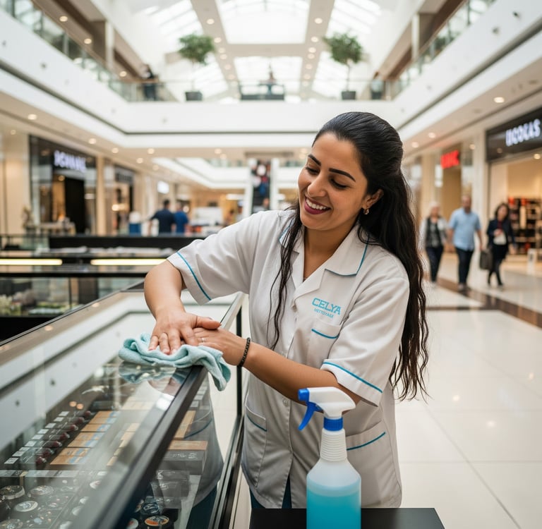Femme de ménage effectuant le nettoyage dans un centre commercial à Casablanca
