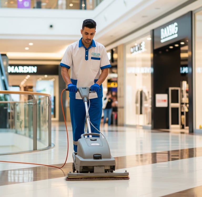 Agent de nettoyage utilisant une monobrosse pour nettoyer le sol dans un centre commercial