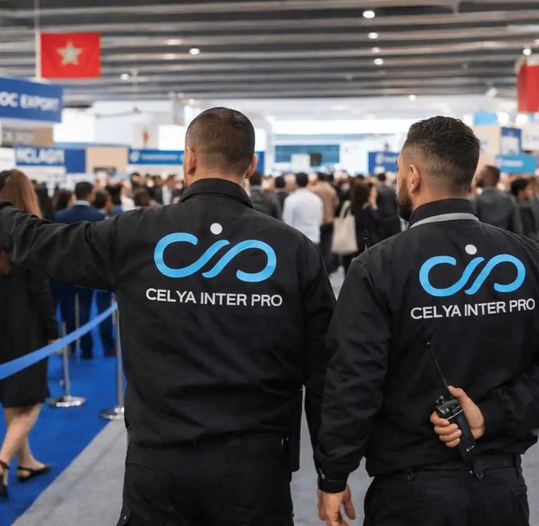 Agents de sécurité événementielle gérant les flux lors d'un salon professionnel à Casablanca