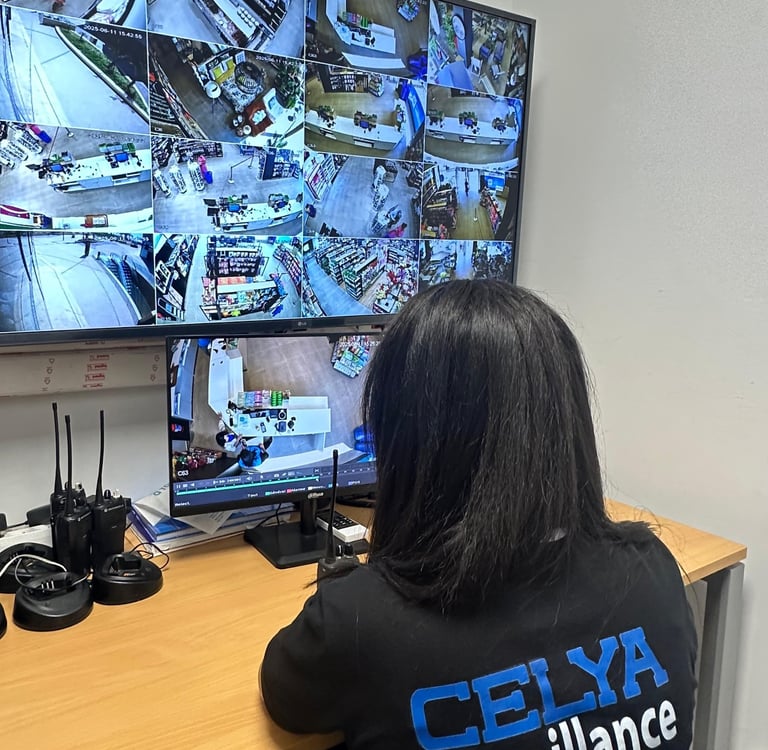 Agent de sécurité féminine surveillant les caméras dans un mall moderne