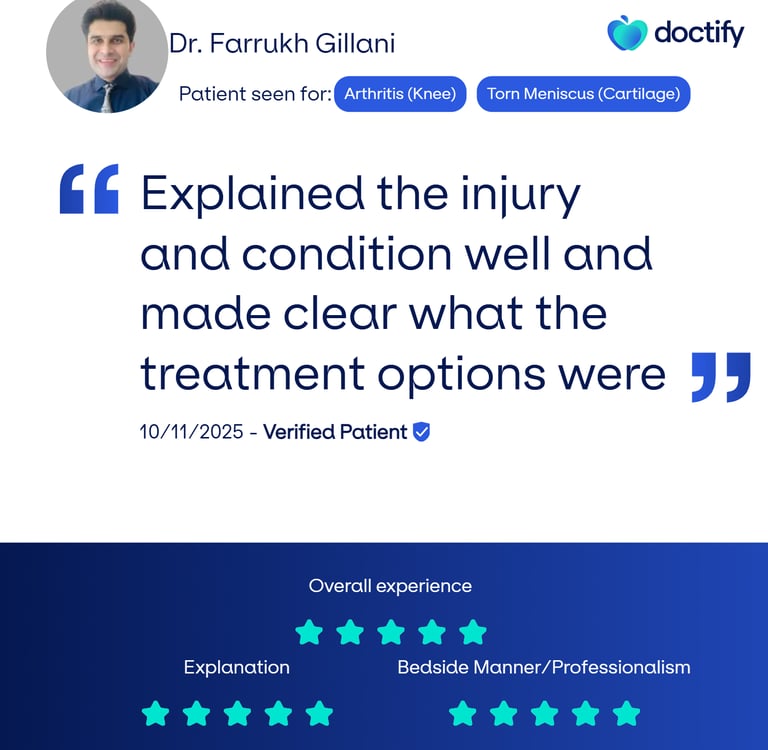 Patient review graphic showcasing satisfaction with Gillani Knee Clinic’s knee surgery outcomes .