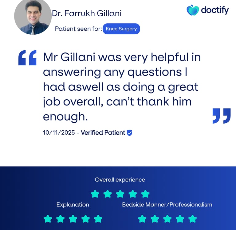 Visual of genuine patient review describing Gillani Knee Clinic’s professional knee care .