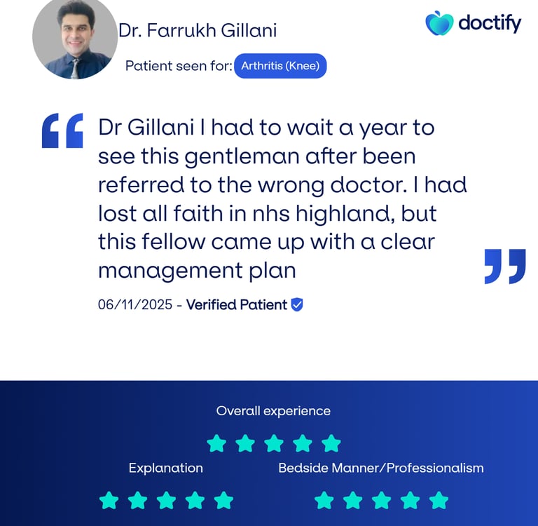 Graphic of patient testimonial praising Gillani Knee Clinic’s knee surgery expertise and care.