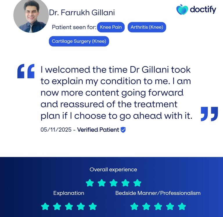 Screenshot of patient comment describing successful knee surgery and support at Gillani Knee Clinic.