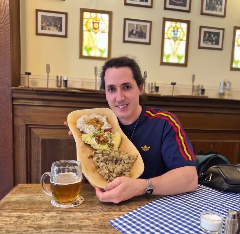 Borja llegó en un restaurante de Bratislava comiendo comida tradicional halusky