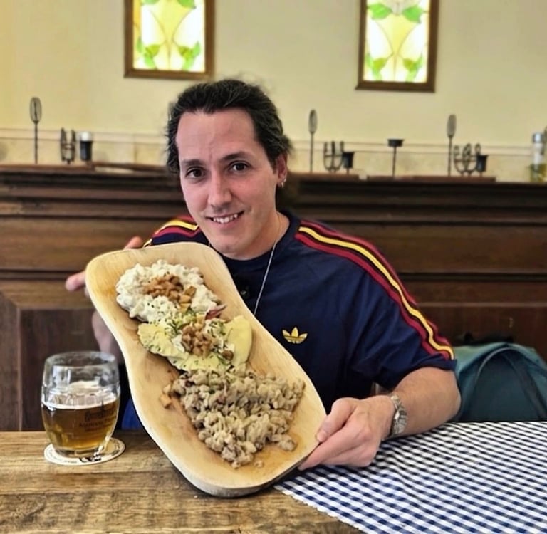 Borja llegó en un restaurante de Bratislava comiendo comida tradicional halusky