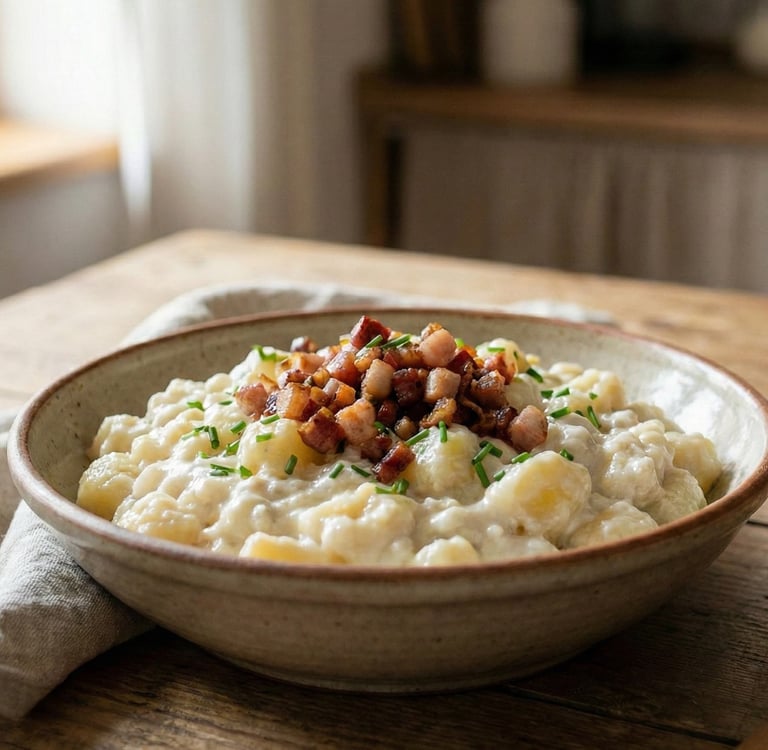 Plato de bryndzové halušky eslovacos servidos en un cuenco rústico, con queso de oveja, bacon