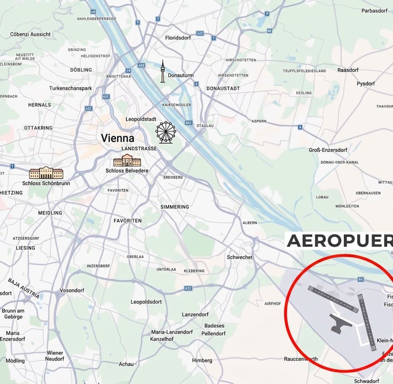 Mapa de Viena con la ubicación del aeropuerto resaltada en un círculo rojo al sureste de la ciudad