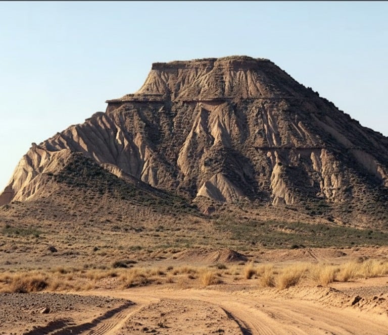 Paisaje semidesértico de las Bardenas Reales en Navarra, mostrando un cabezo o montaña de arcilla